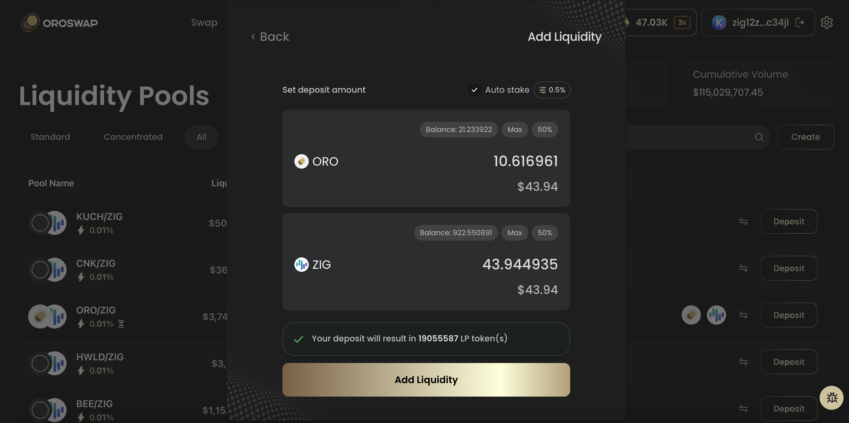 Oroswap Add Liquidity